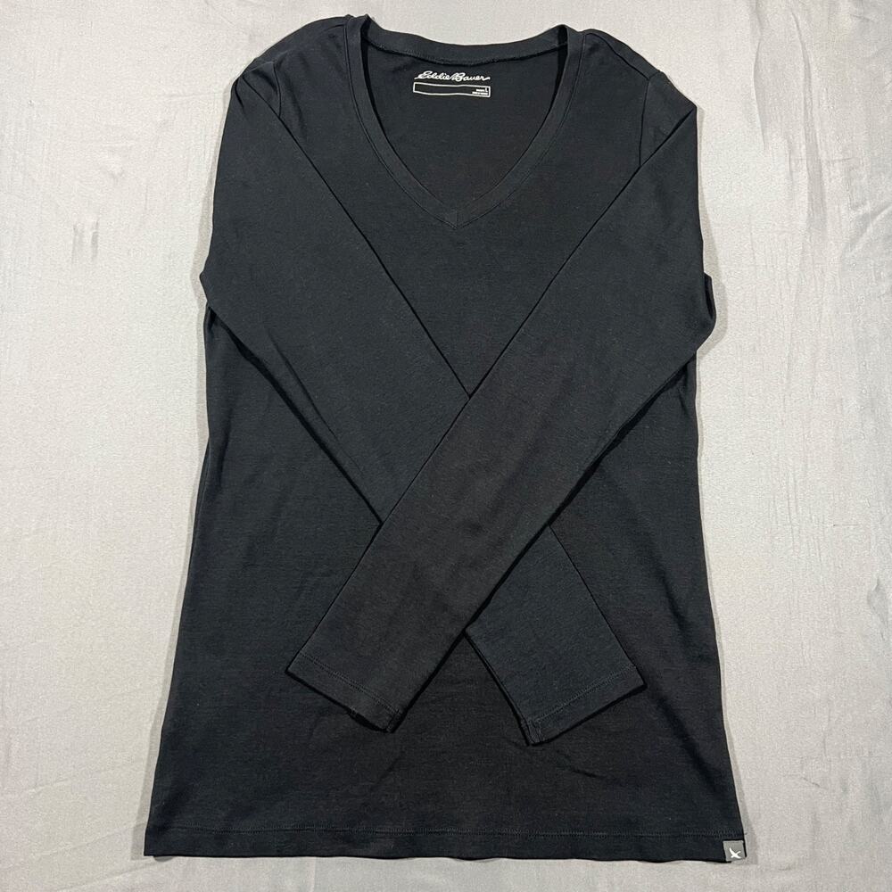 Eddie Bauer Womens Long Sleeve V Neck Shirt Black Size Large Cotton Top